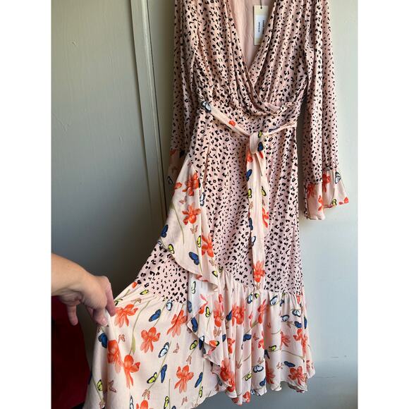 Dark Pink Butterfly Ruffle Pink Black Cheetah Floral Pink Midi Dress 12 NWT $103 - Picture 12 of 16